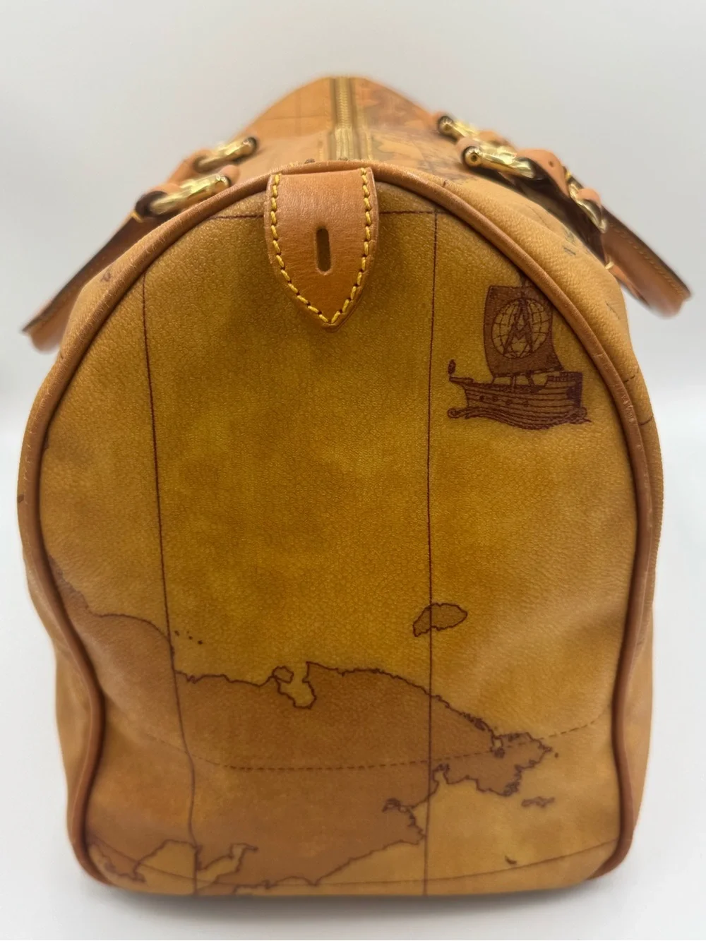 Alviero Martini Map-Print Leather Duffel Weekender w/ Luggage Tag & Lock 2 Keys